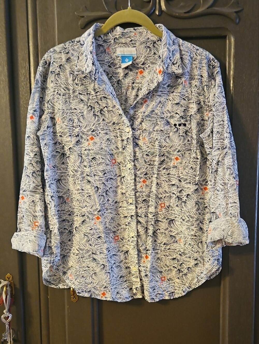 Columbia Women's Button-Down Shirt with Navy and Red Nautical Print